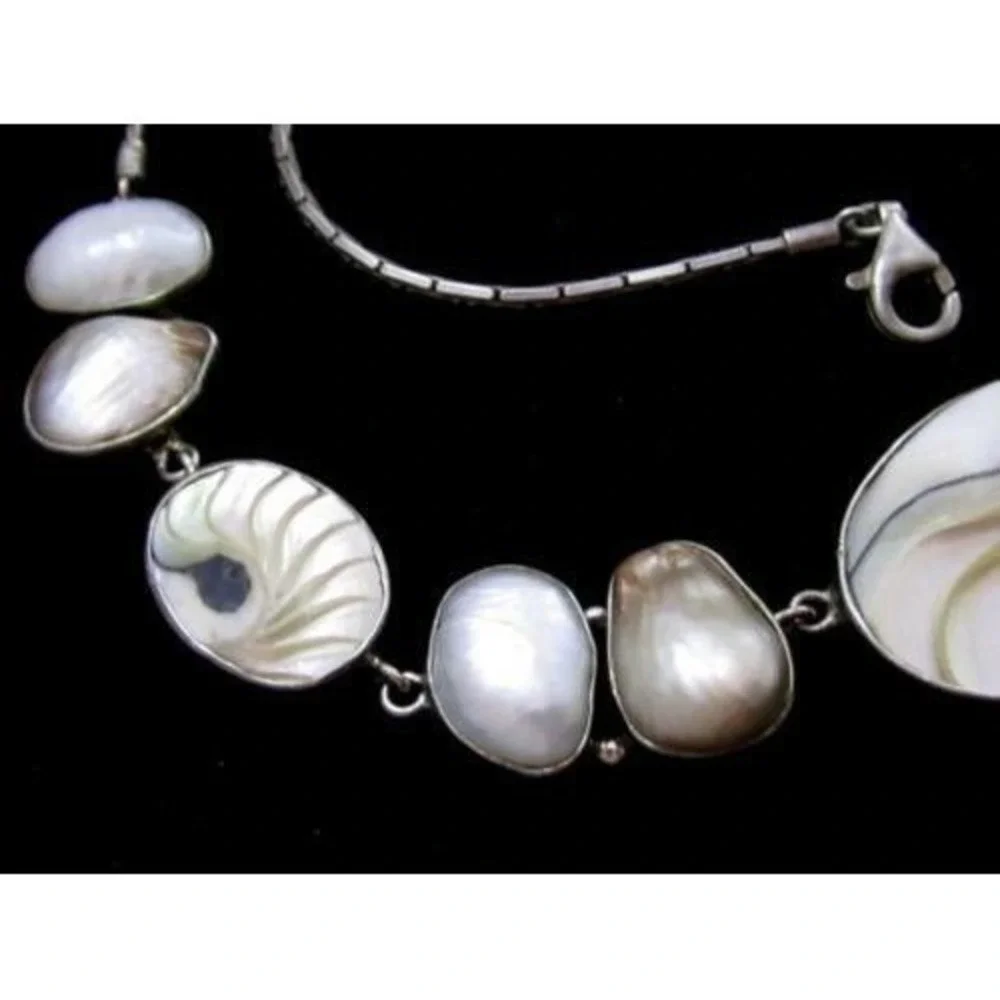 Vintage Stunning Bezel Set Freshwater Pearl Shell Sterling Silver 925 Necklace‎
